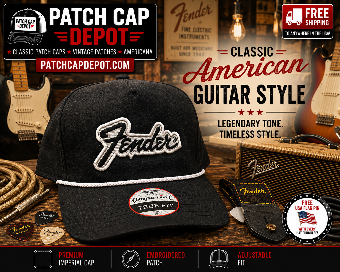 Fender Guitar Patch Cap | Black Imperial Rope Snapback