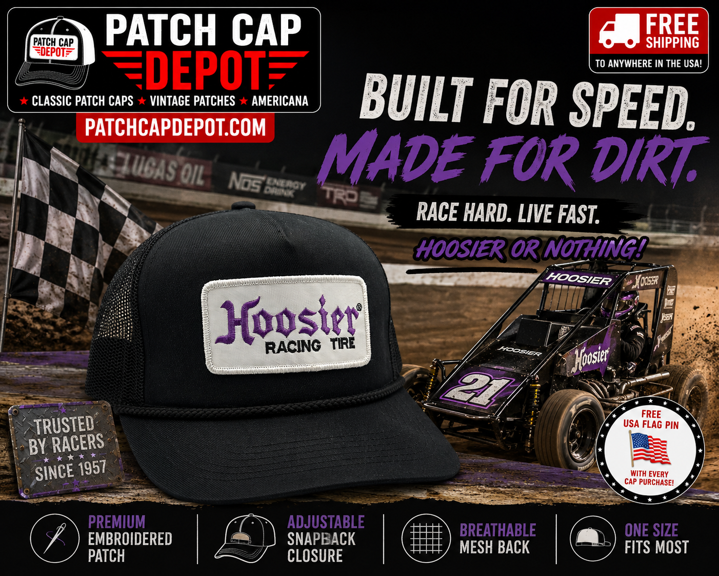 Hoosier Racing Tire Vintage Patch Trucker Cap – Black Snapback