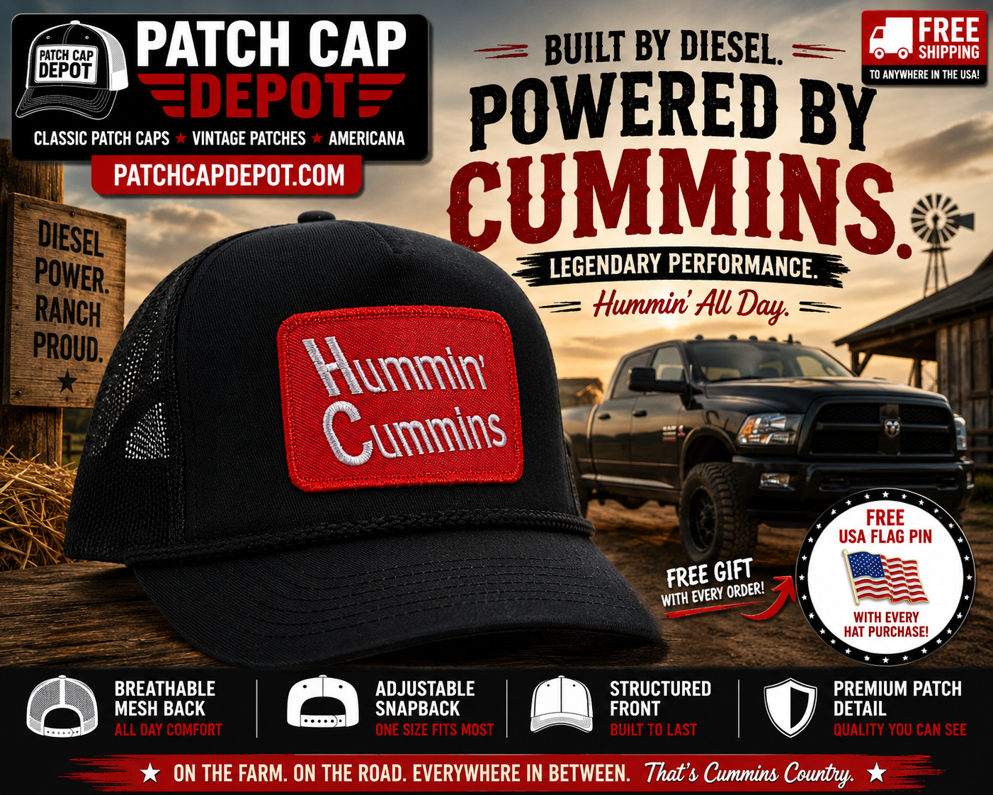 Hummin' Cummins Diesel Trucker Patch Cap | Black Mesh Snapback Hat