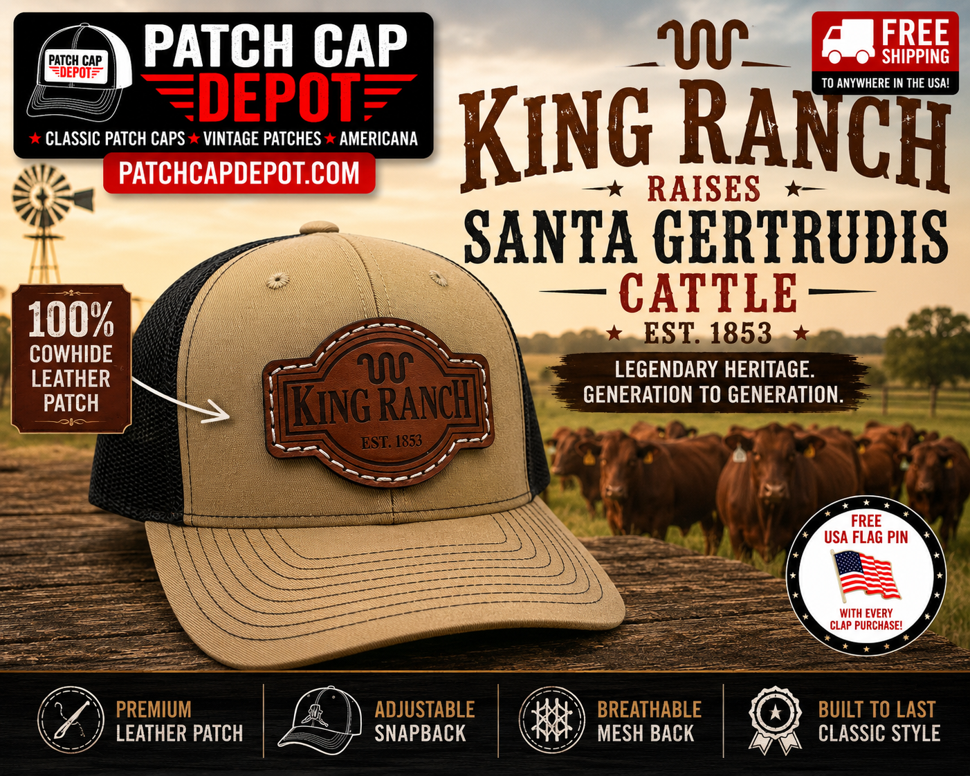King Ranch Leather Patch Trucker Cap | Santa Gertrudis Ranch Western Hat