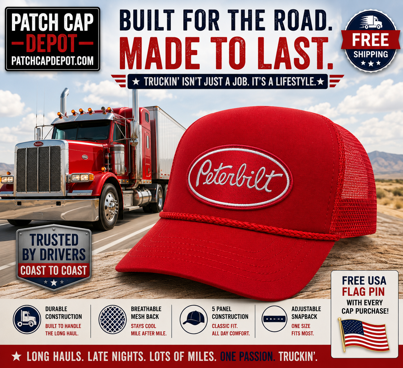 Peterbilt Red Rope Trucker Cap – Embroidered Oval Logo Patch | Mesh SnapBack