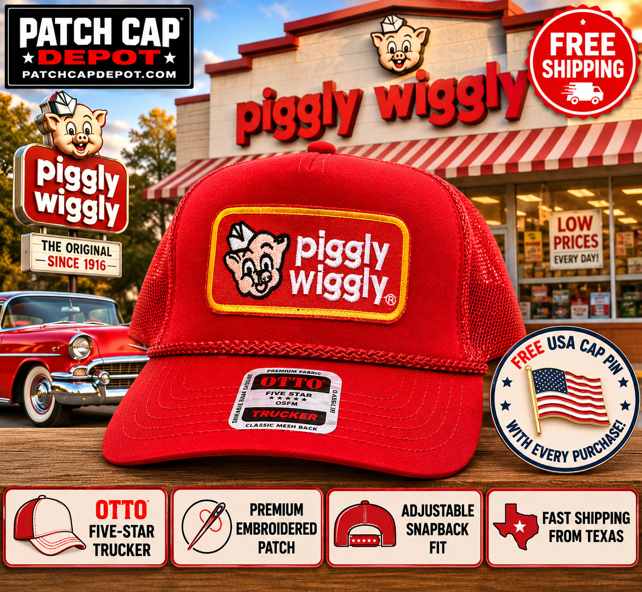 Piggly Wiggly Patch Cap | Red Otto Five-Star Rope Trucker Snapback