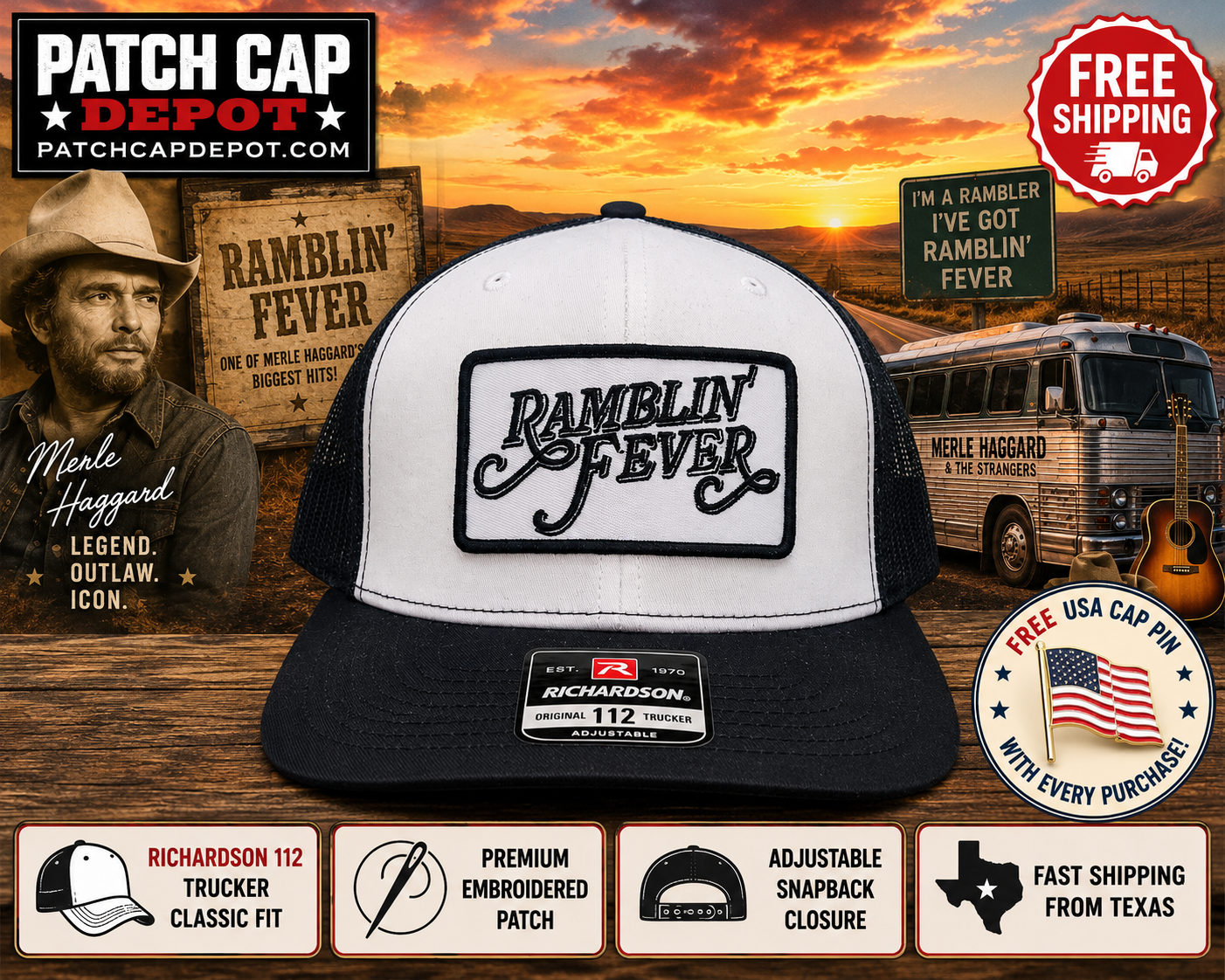 Ramblin' Fever Patch Cap | Richardson 112 Black White Trucker