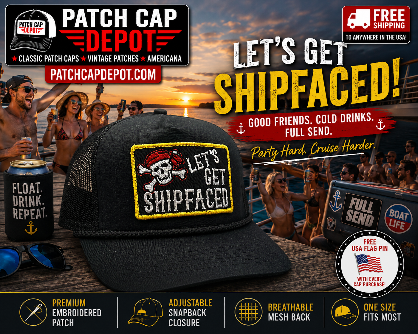 Let's Get Shipfaced Pirate Patch Trucker Cap – Black Snapback