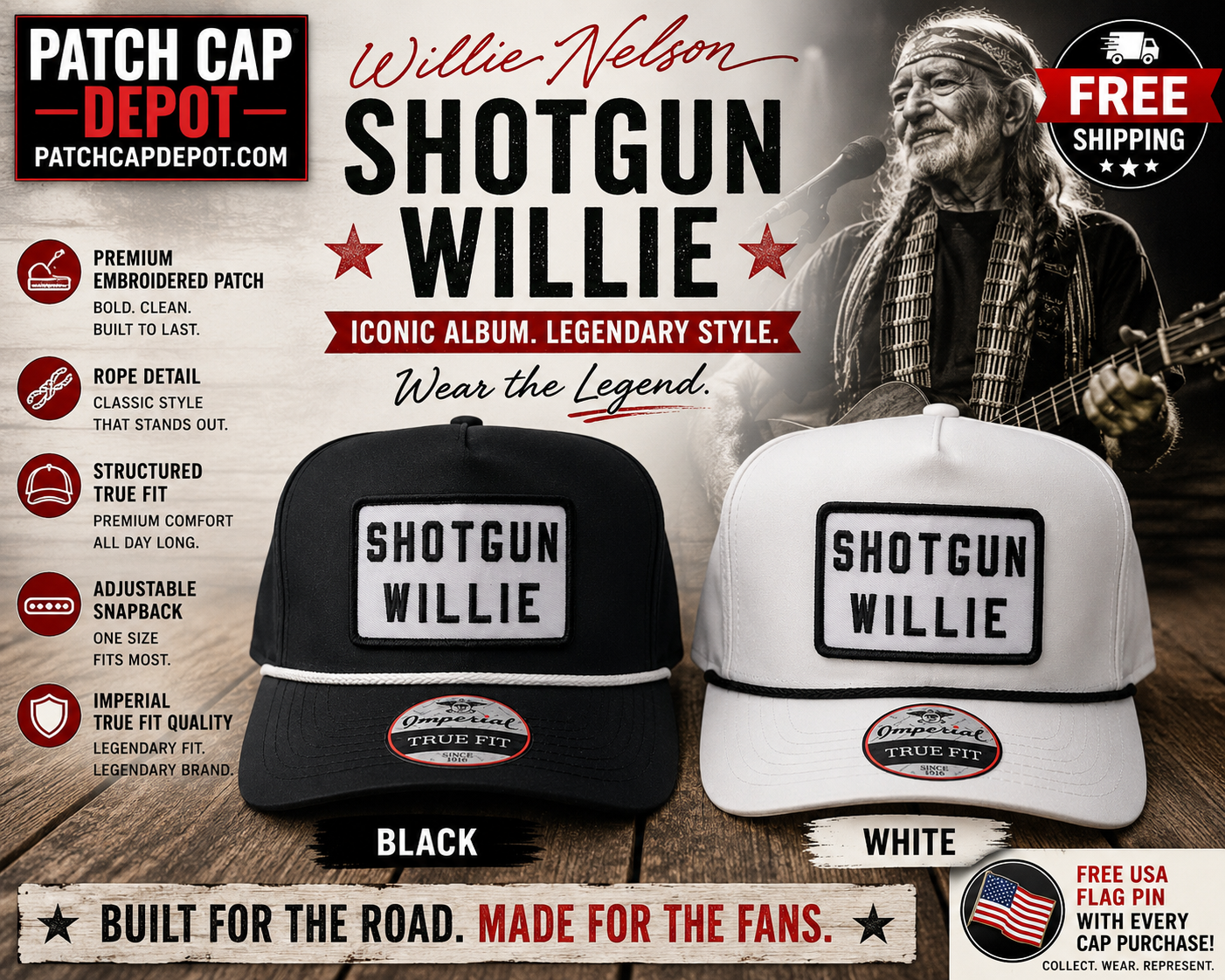 Shotgun Willie Patch Cap | Imperial True Fit Rope Trucker | Black or White
