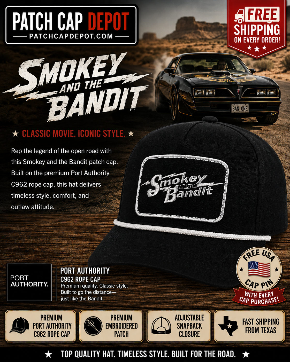 Smokey and the Bandit Patch Cap | Black Port Authority C962 Rope Snapback