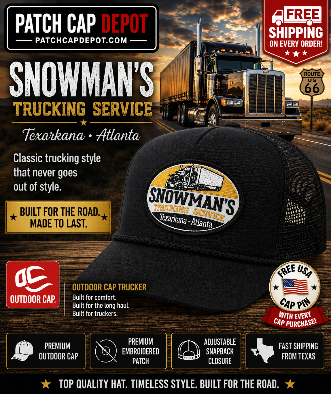 Snowman's Trucking Service Patch Cap | Black Outdoor Cap Snapback