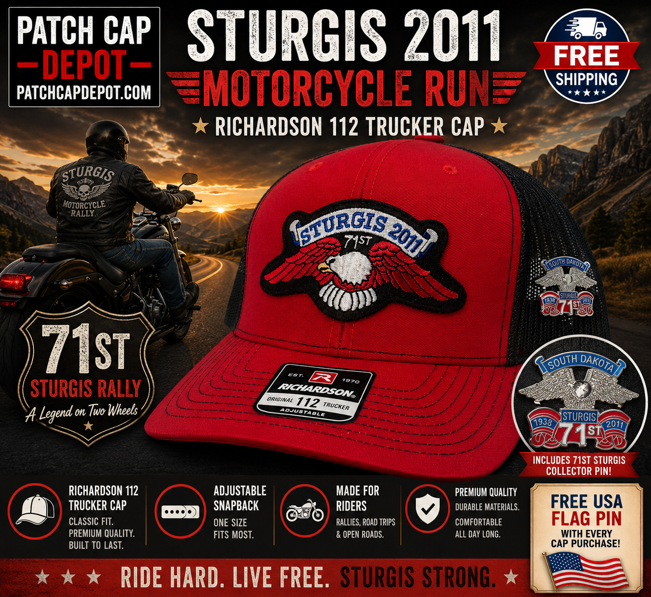 2011 Sturgis Motorcycle Run Richardson 112 Trucker Cap w/ FREE 71st Rally Collector Pin