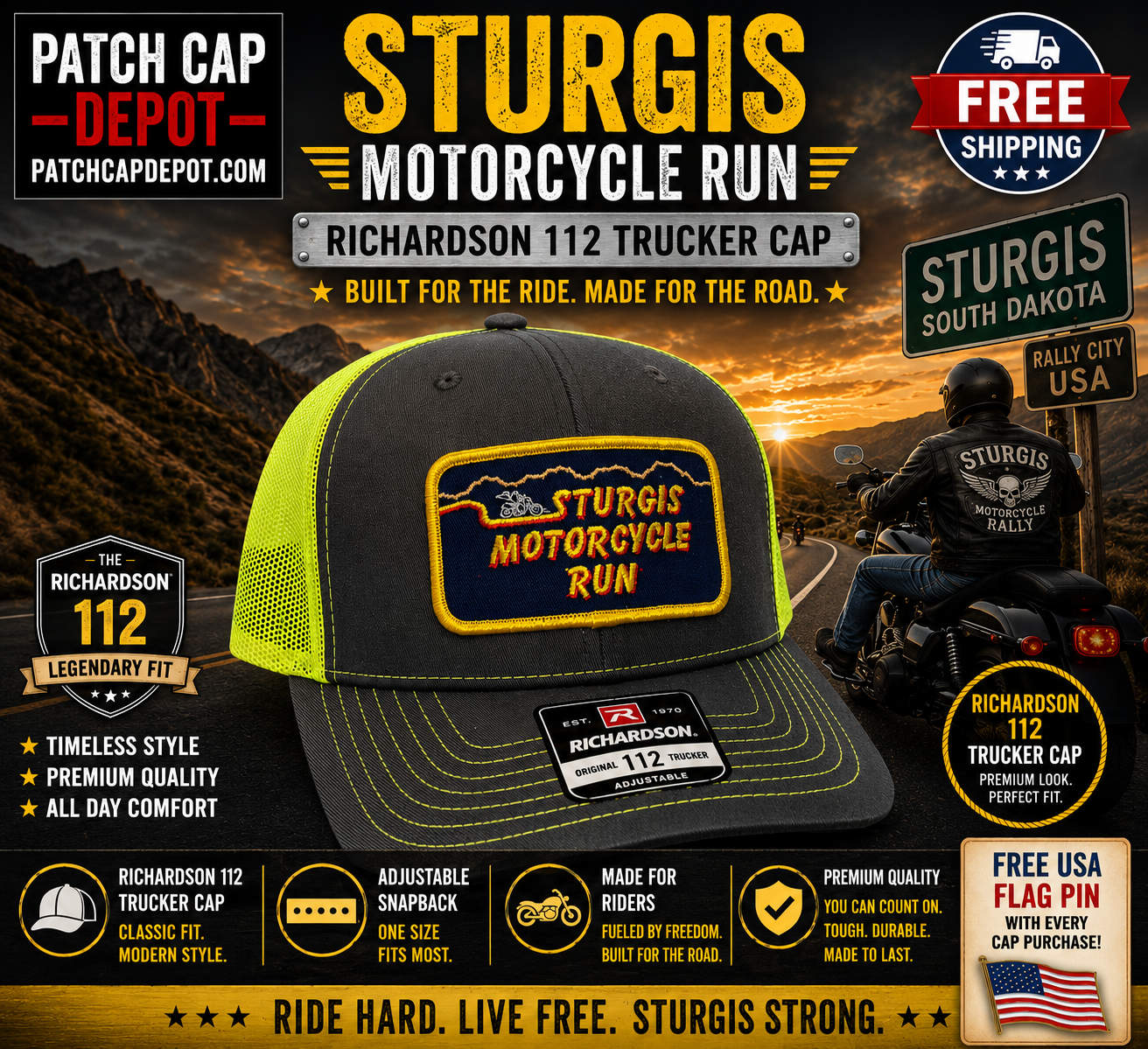 Sturgis Motorcycle Run Patch Richardson 112 Trucker Cap – Charcoal & Neon Yellow