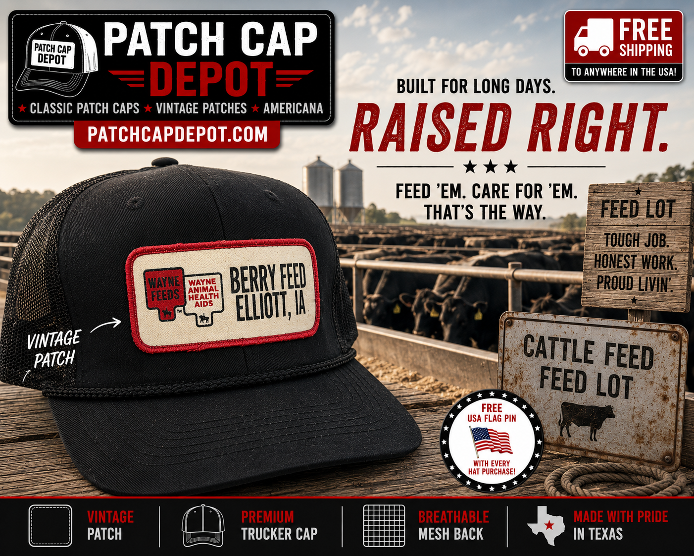 Vintage Berry Feed Elliott IA Wayne Feeds Patch Trucker Hat | Black