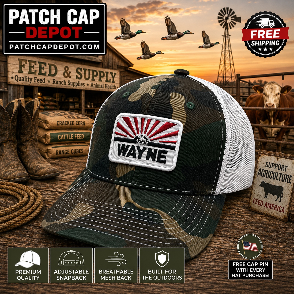Wayne Feeds Patch Camo Trucker Cap | White Mesh Snapback Hat