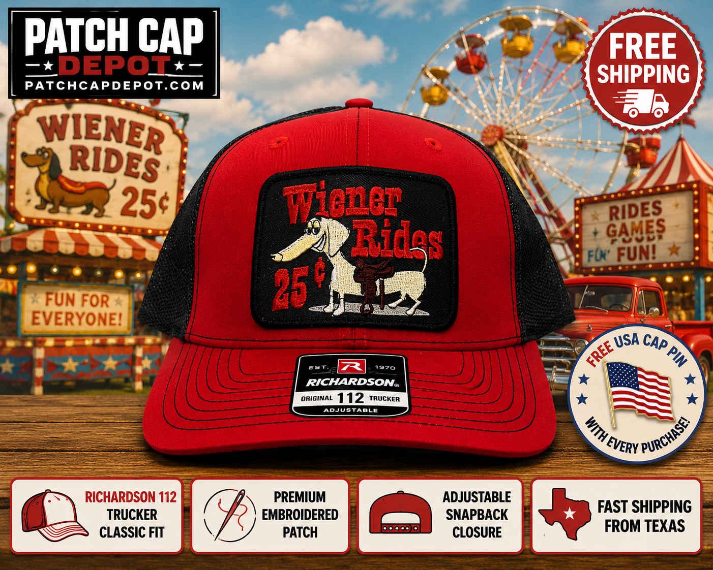 Wiener Rides 25¢ Patch Cap | Red Black Richardson 112 Trucker